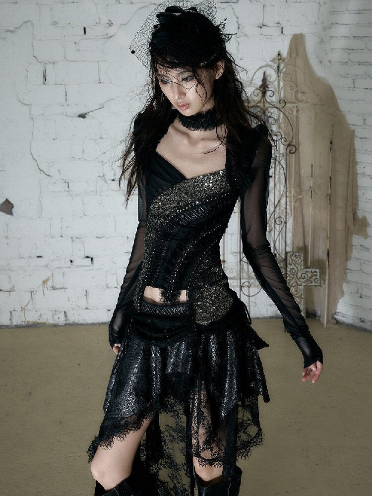 Sequin Webbing Mesh Long Sleeve Top【s0000016984】