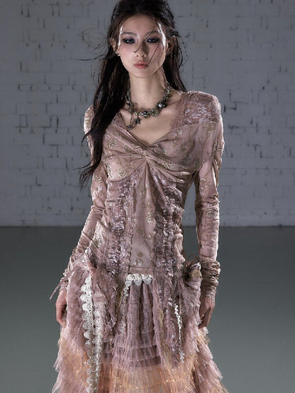 Lace Kink Stretch One Shoulder Top【s0000015933】