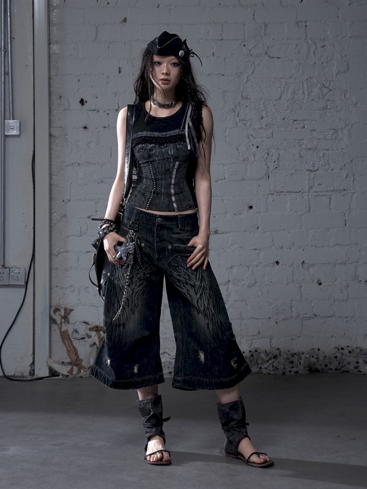 Wide-leg denim cropped pants【s0000012800】