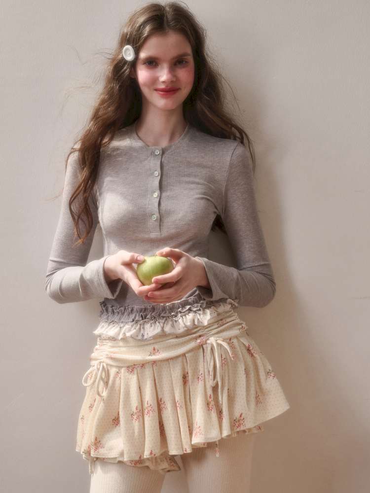 Comfortable Cotton Crew Neck Slim Lace Hem Top【s0000014895】