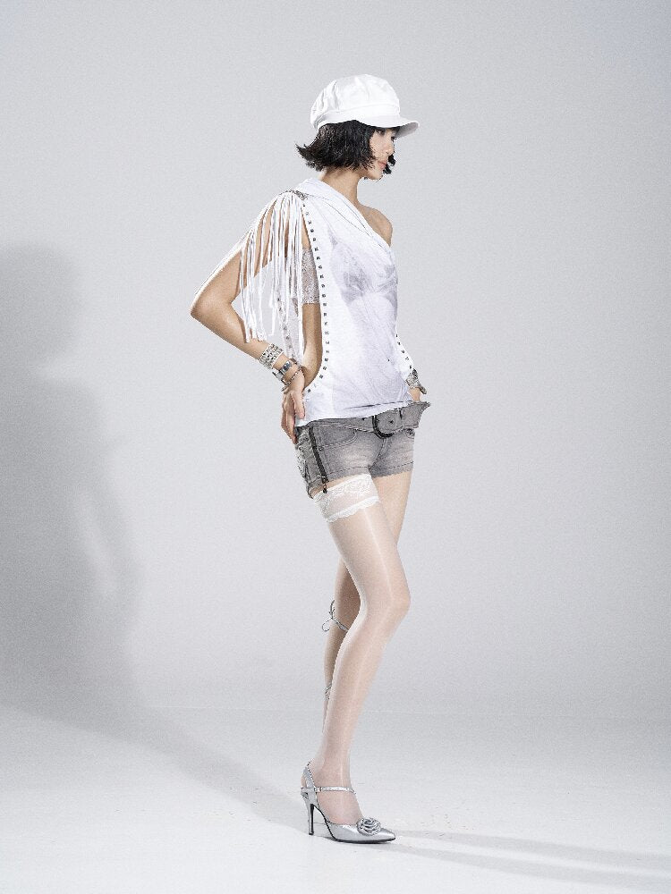 Asymmetrical Collar Fringe Print Set【s0000018475】