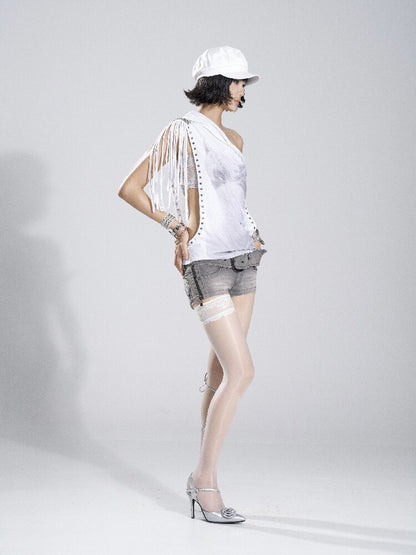 Asymmetrical Collar Fringe Print Set【s0000018475】