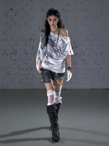Print Chiffon Swing Collar T-Shirt【s0000016209】