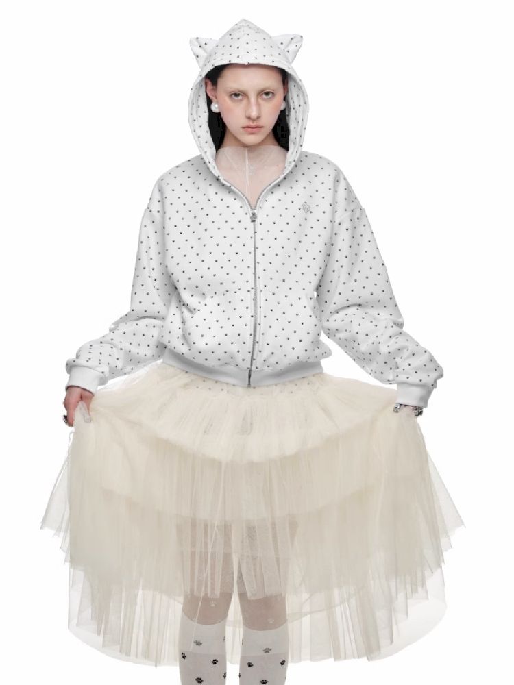 Cat's Paw Long Short Polka Dot Hooded Cardigan Sweatshirt Sweatpants Set【s0000011566】