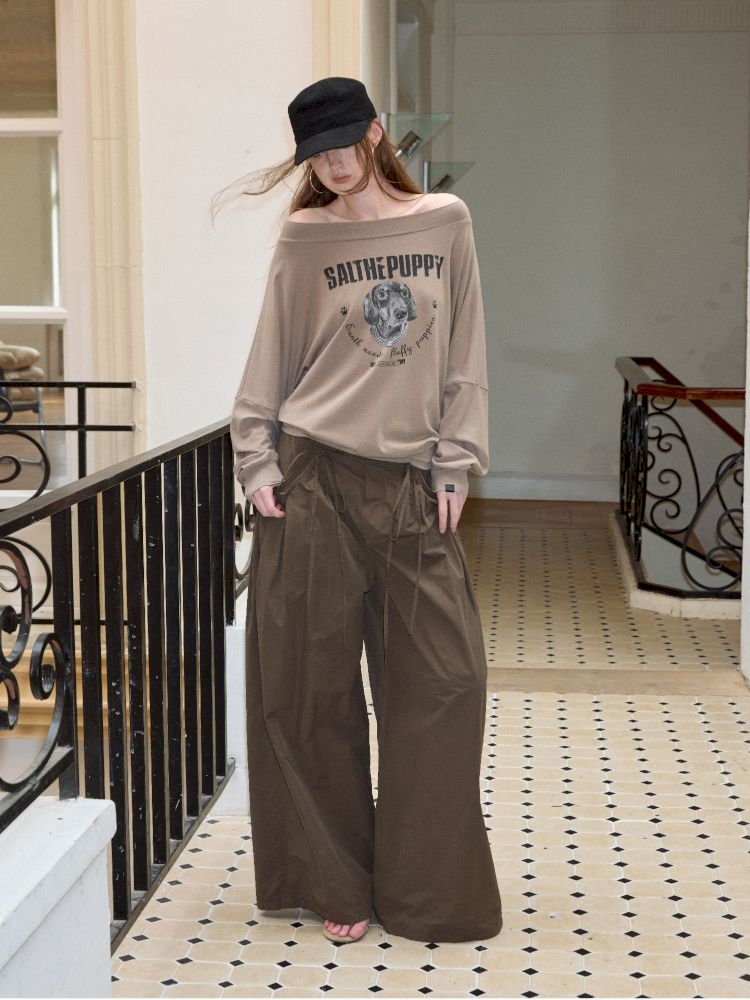 Puppy Printed Slant Shoulder Long Sleeve T-Shirt【s0000013744】