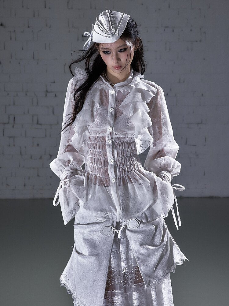 Ruffled Flocked Lace Stand Shirt【s0000016208】