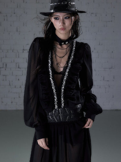 Shirring Deep V Chiffon Dress【s0000015932】