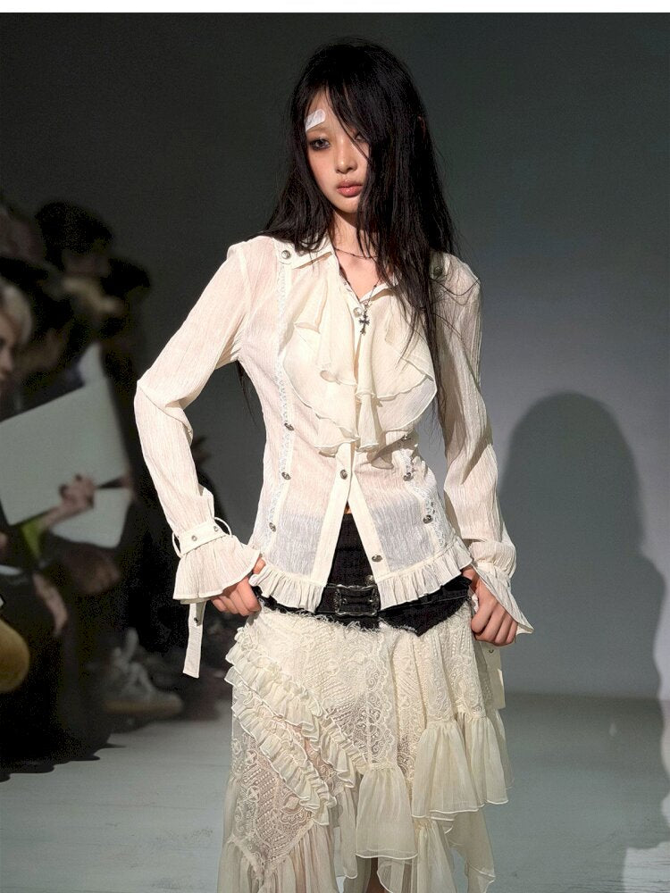 Gothic Pleated Ruffled Slim Shirt【s0000015450】
