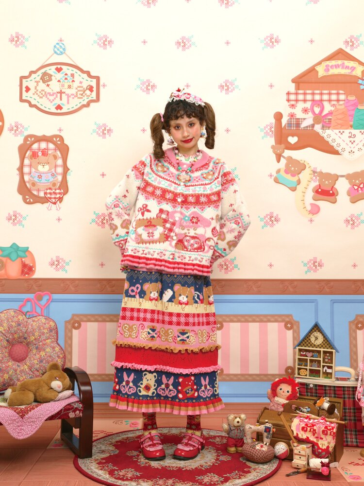 Red Pink Mink Wool Rabbit Cardigan【s0000015572】