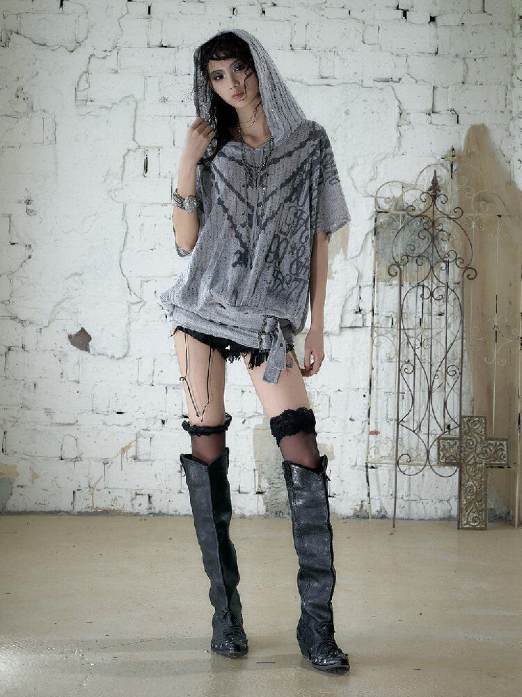 Ripped Knit Hooded Short Smock T Shirt【s0000016993】
