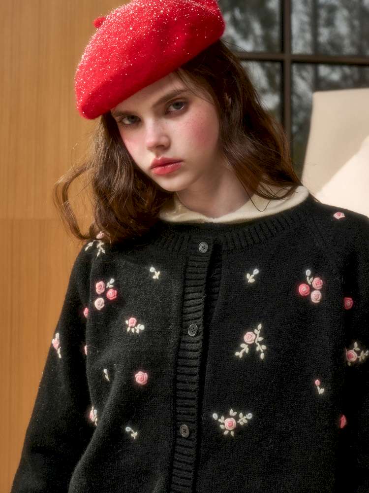 Wool Hand-Embroidered Flower Sweater Cardigan【s0000014891】