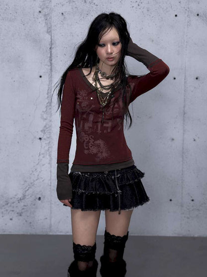 Retro Punk V-Neck Stretch T-Shirt【s0000014928】