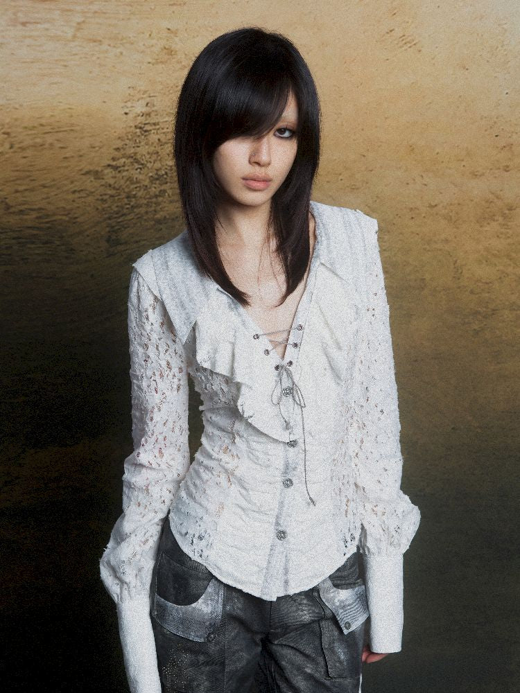 Ruffle Double Layer Collar Slim Shirt【s0000011814】