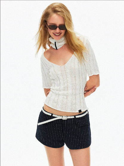 Cut Out Cable V-Neck Knit Top【s0000015928】