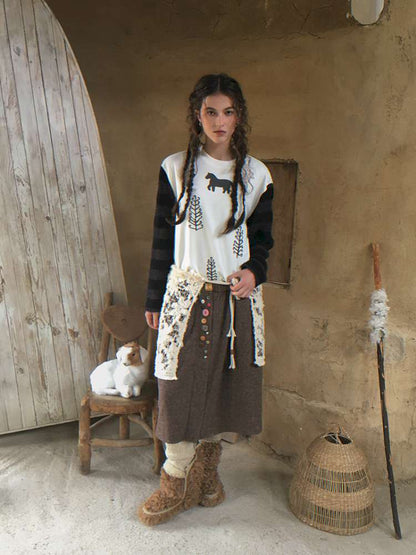 Striped Patchwork Pony Print T-Shirt【s0000014899】