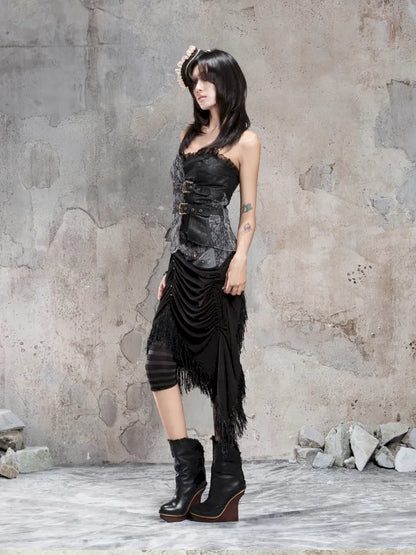 Asymmetric Knit Patchwork Drawstring Skirt【s0000014125】