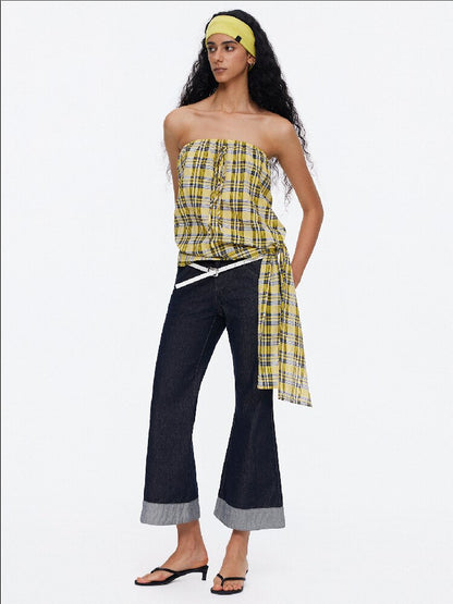 Striped Plaid Lace Up Bandeau Top【s0000015924】