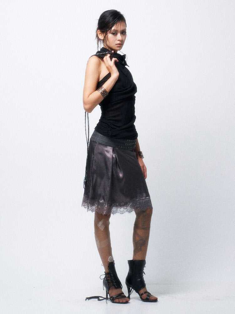 Studded Satin Lace Panelled Skirt【s0000016068】