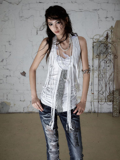 Sequins Fringed Diamond Halterneck Vest【s0000016987】