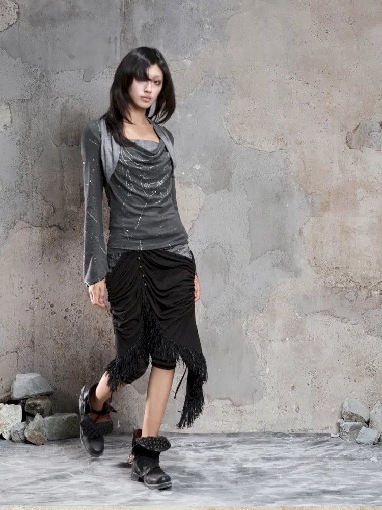 Asymmetric Knit Patchwork Drawstring Skirt【s0000014125】