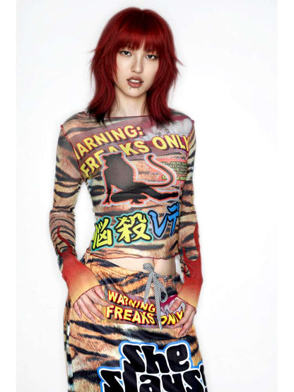 Y2K Millennium Print Long Sleeve Mesh Top【s0000014915】