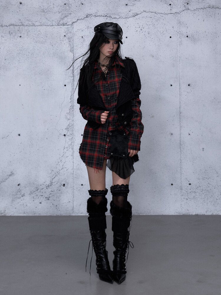 Check Knit Fake Two Piece Shirt【s0000015547】