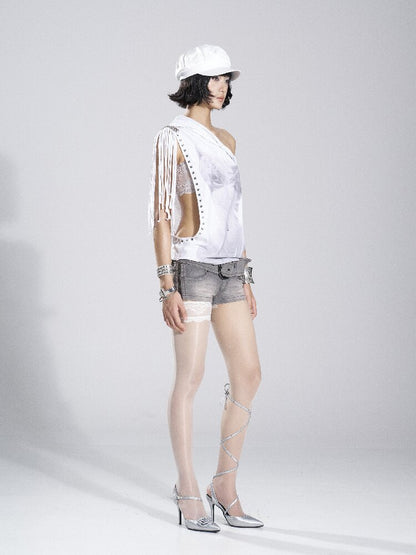 Asymmetrical Collar Fringe Print Set【s0000018475】