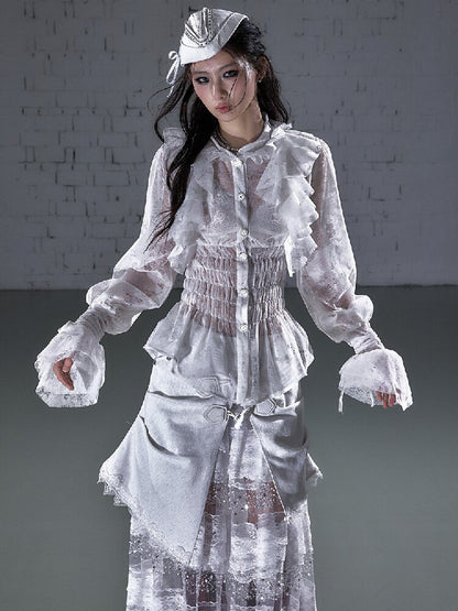 Ruffled Flocked Lace Stand Shirt【s0000016208】