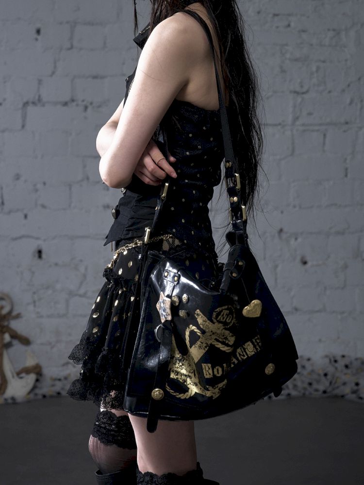Gold foil print heavy-duty leather shoulder bag【s0000012778】