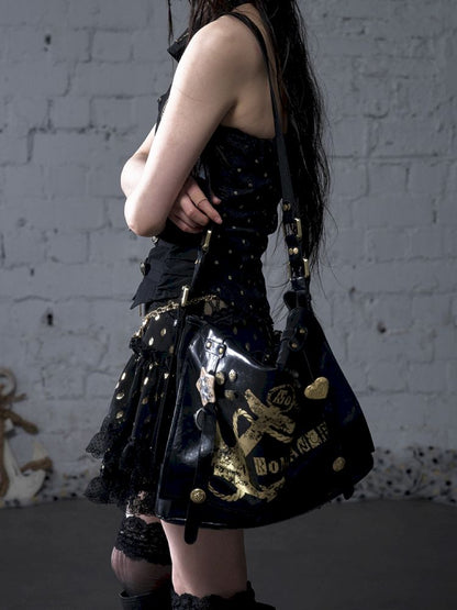 Gold foil print heavy-duty leather shoulder bag【s0000012778】