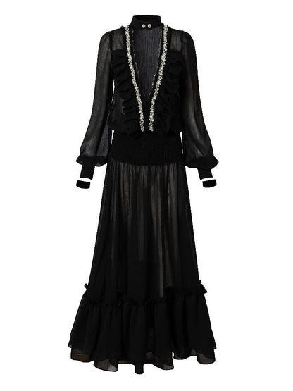 Shirring Deep V Chiffon Dress【s0000015932】