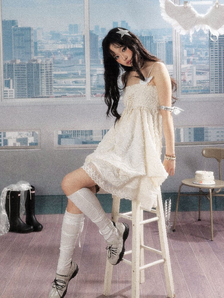 Shirred Lace White Texture Dress【s0000016278】