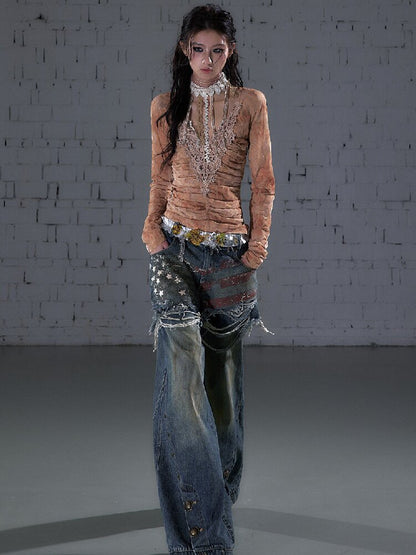 Crochet Flocked Lace Slim Shirt【s0000015934】