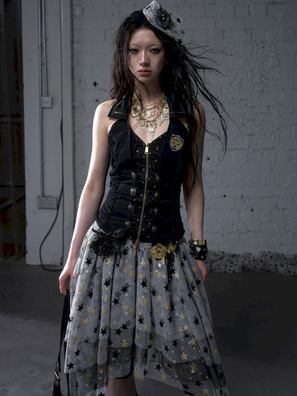 Slimming faux two-piece vest halter top【s0000012798】