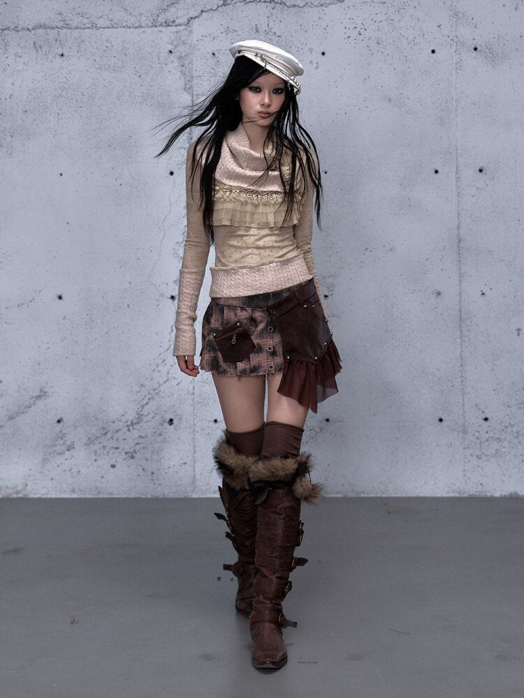 Plaid Stitching Leather Skirt【s0000015546】