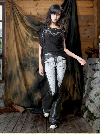 Patchwork Flared Denim Leather Pants【s0000013896】
