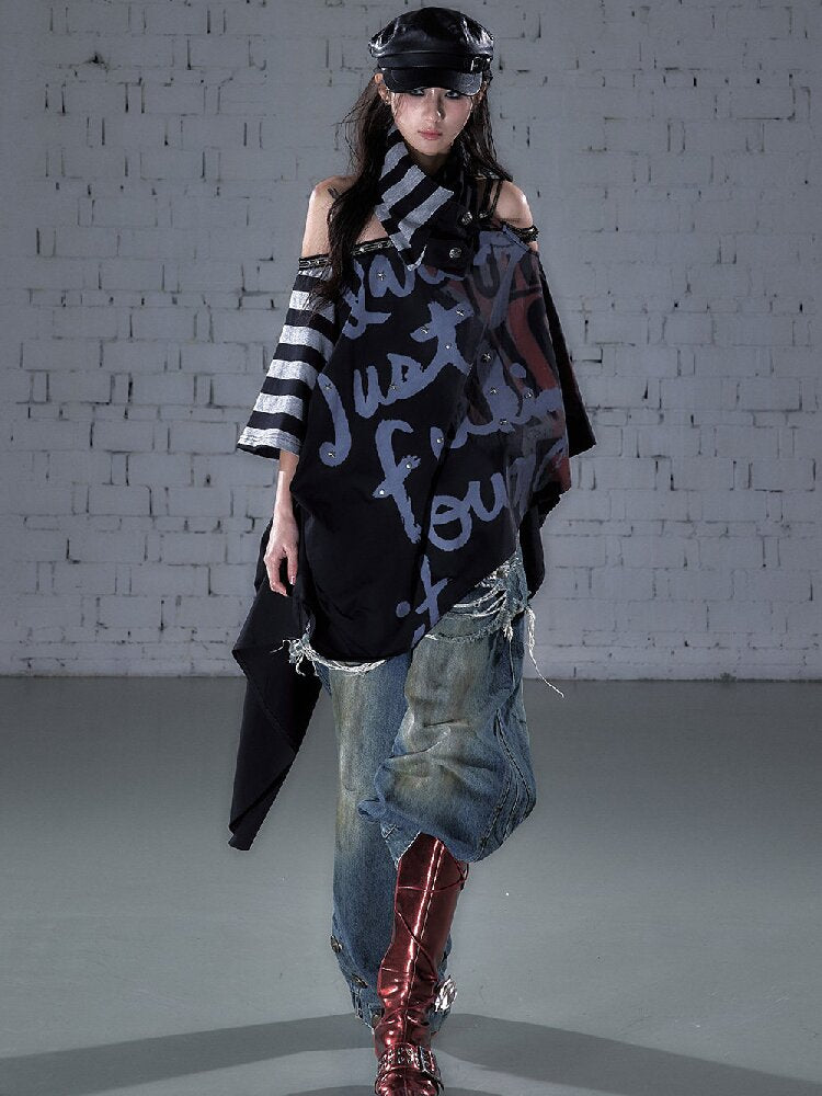 Asymmetrical Striped Webbing T-shirt【s0000015938】