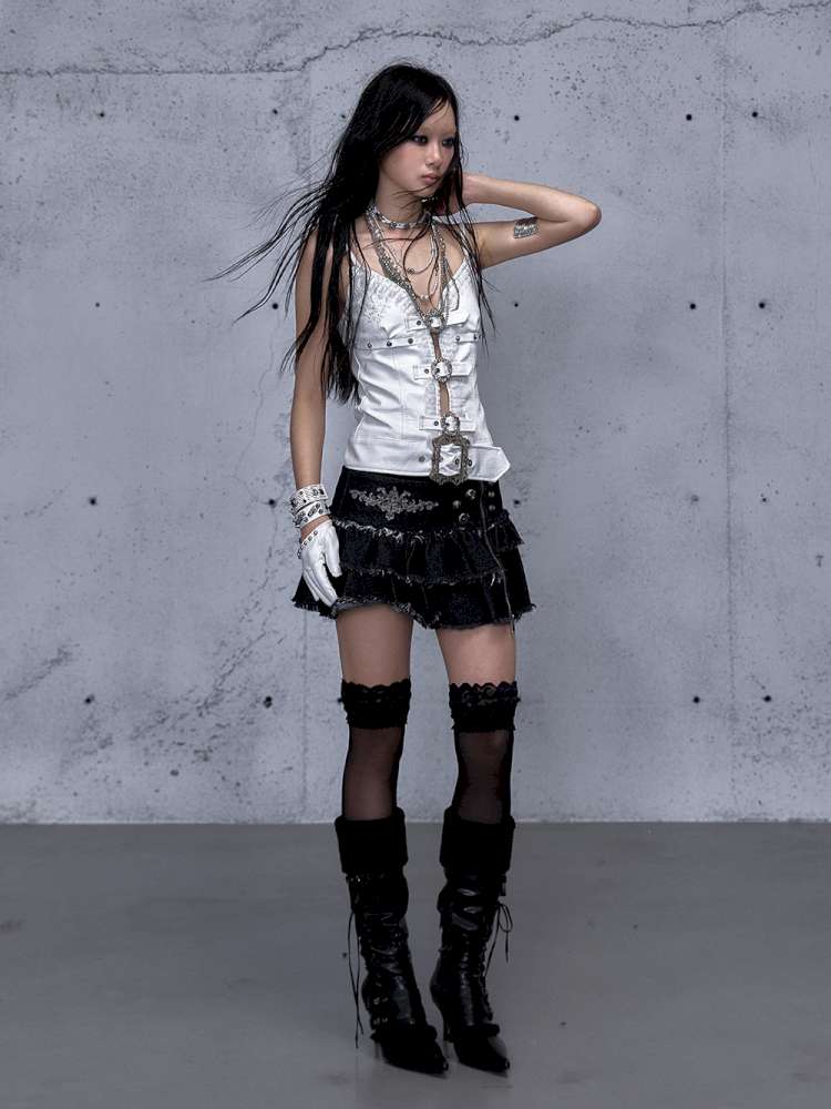 Dark Court Openwork Lace Leather Camisole【s0000014920】