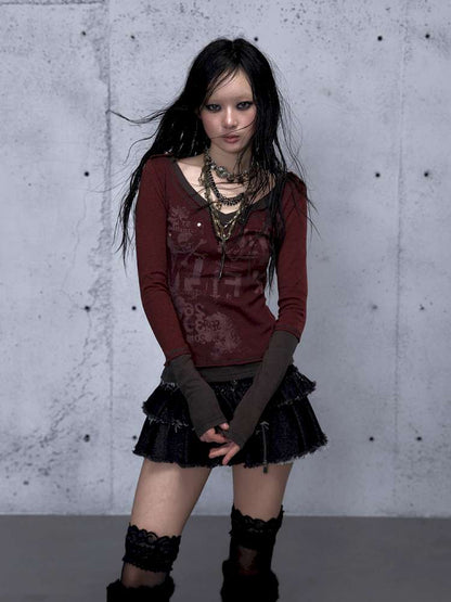 Retro Punk V-Neck Stretch T-Shirt【s0000014928】