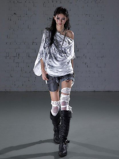 Print Chiffon Swing Collar T-Shirt【s0000016209】