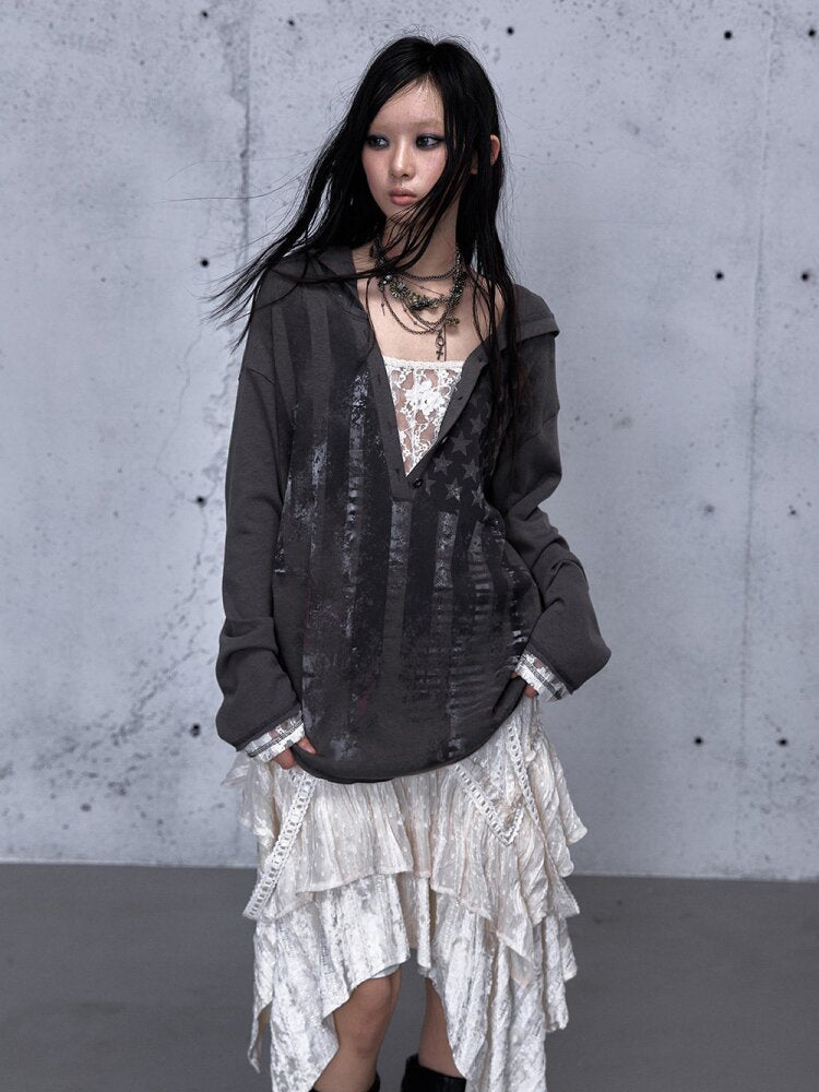 Lace Stitched Hooded T-Shirt【s0000015545】