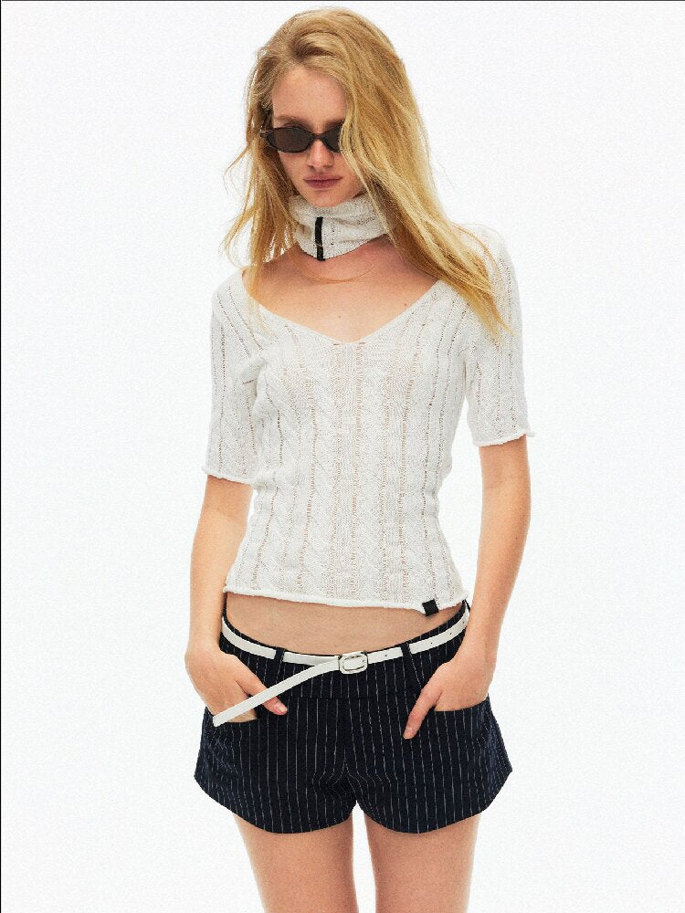 Cut Out Cable V-Neck Knit Top【s0000015928】