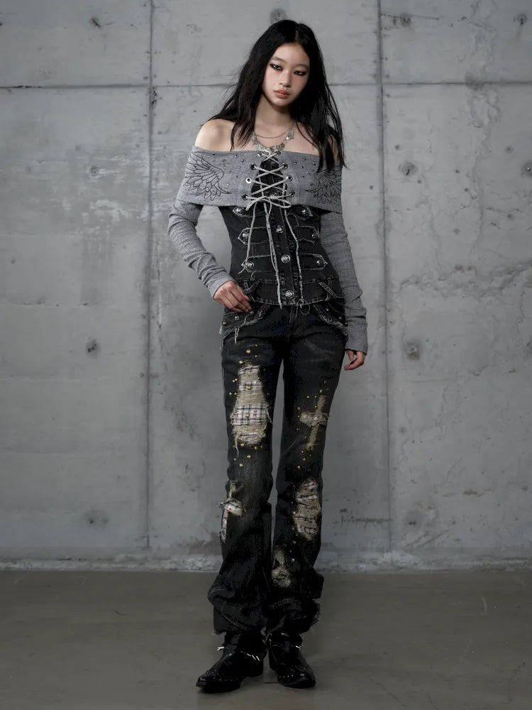 Distressed Straight-Leg Slim-Fit Jeans【s0000013946】