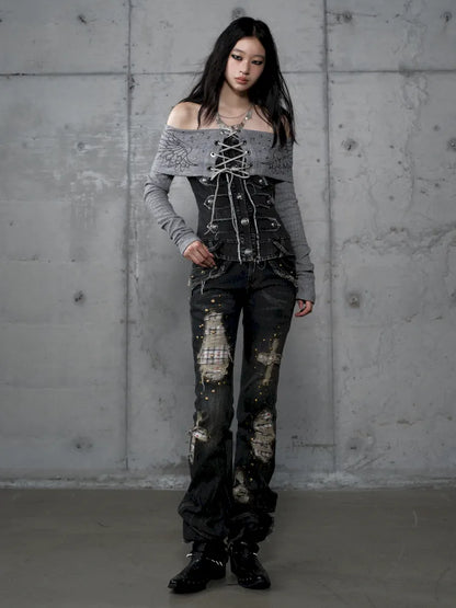 Distressed Straight-Leg Slim-Fit Jeans【s0000013946】