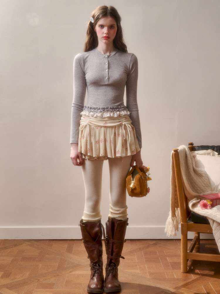 Comfortable Cotton Crew Neck Slim Lace Hem Top【s0000014895】