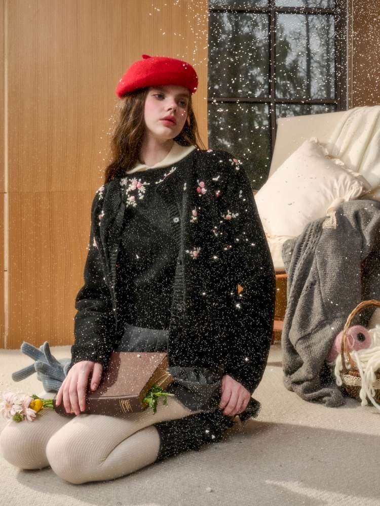 Wool Hand-Embroidered Flower Sweater Cardigan【s0000014891】