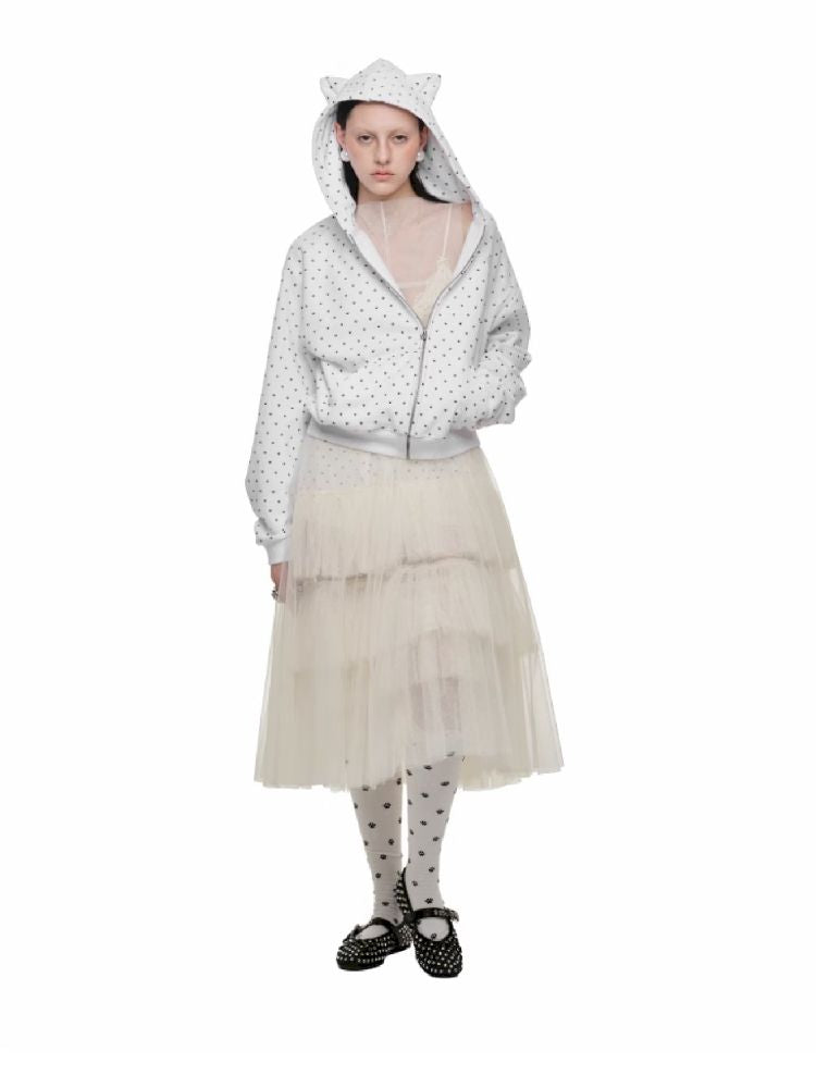 Cat's Paw Long Short Polka Dot Hooded Cardigan Sweatshirt Sweatpants Set【s0000011566】