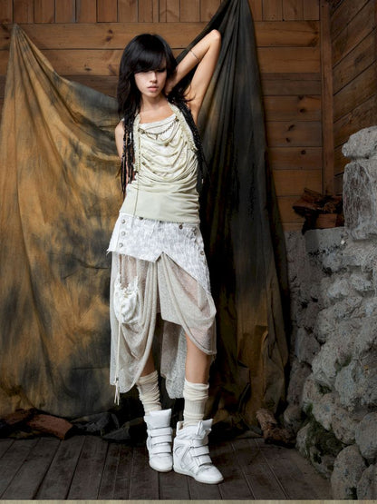 Patchwork Versatile Mesh Asymmetric Skirt【s0000013898】