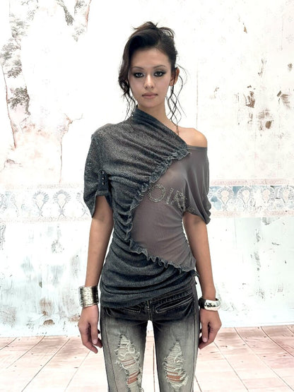 3-Tone Knitted Mesh Pleated T-Shirt【s0000016063】