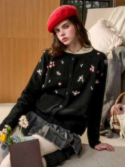 Wool Hand-Embroidered Flower Sweater Cardigan【s0000014891】